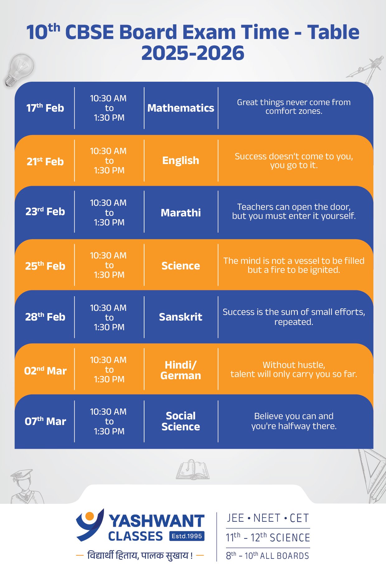10th CBSE Board exam time table 2025-26